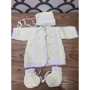 VTG Hand Made Korea Baby Bonnet, Sweater, Booties Set Knit Yellow 60's/70's 3-6m